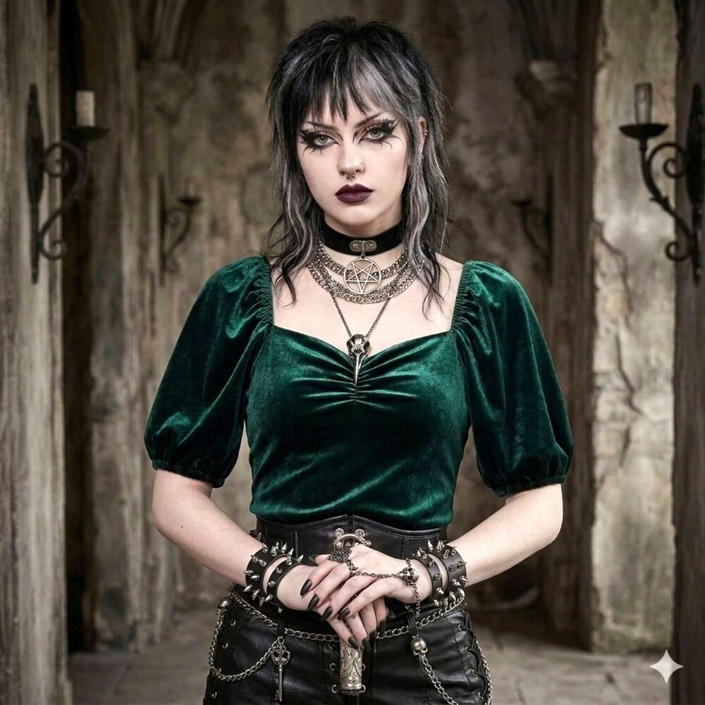 Vtg Y2K Velvet Top Wn XS Green Puff Sleeves Goth Vamp Witchy Grunge Steampunk